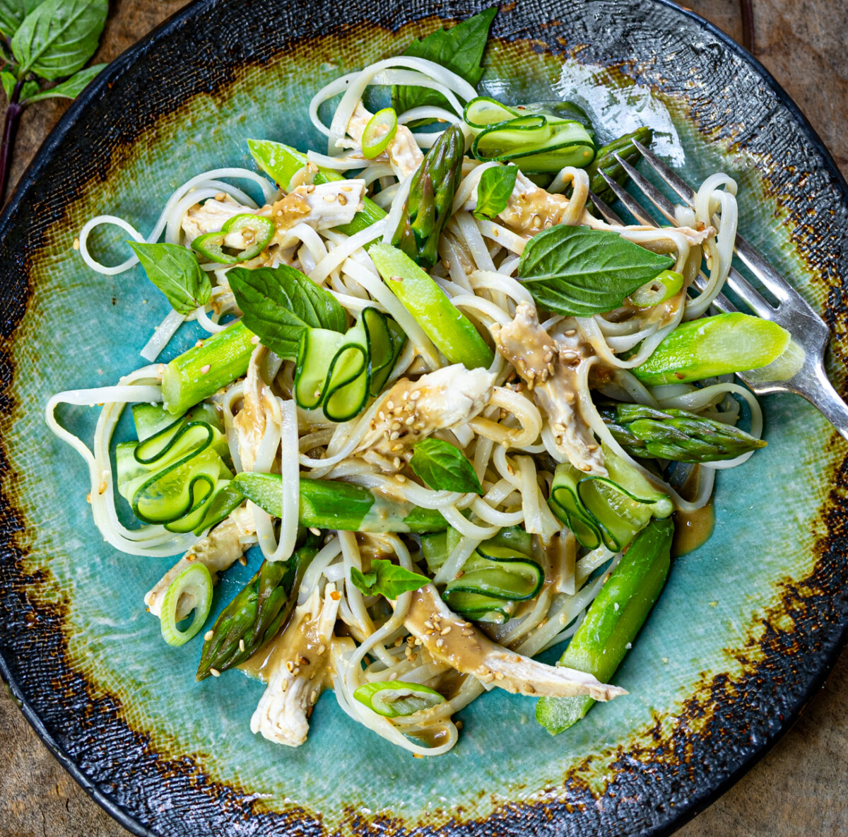Asparagus Rice Noodle & Pulled Chicken Salad with Creamy Sesame Dressing