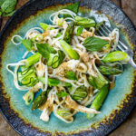 Asparagus Rice Noodle & Pulled Chicken Salad with Creamy Sesame Dressing