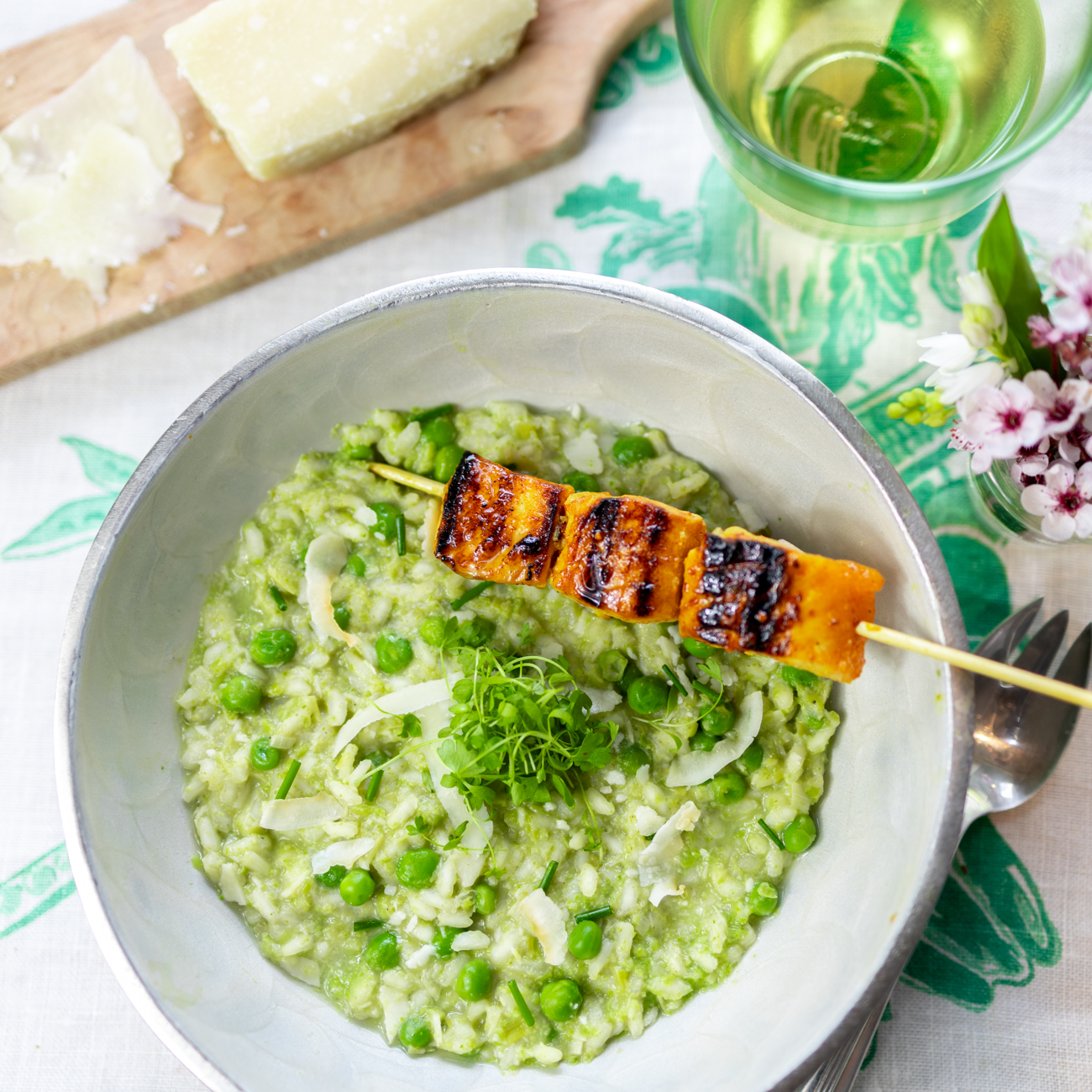 Karen's Pea & Coconut Risotto (with a Salmon Kebab)