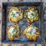 Lacy Garlic Potato Pancakes topped with Herbed Goat Cheese & Smoked Trout