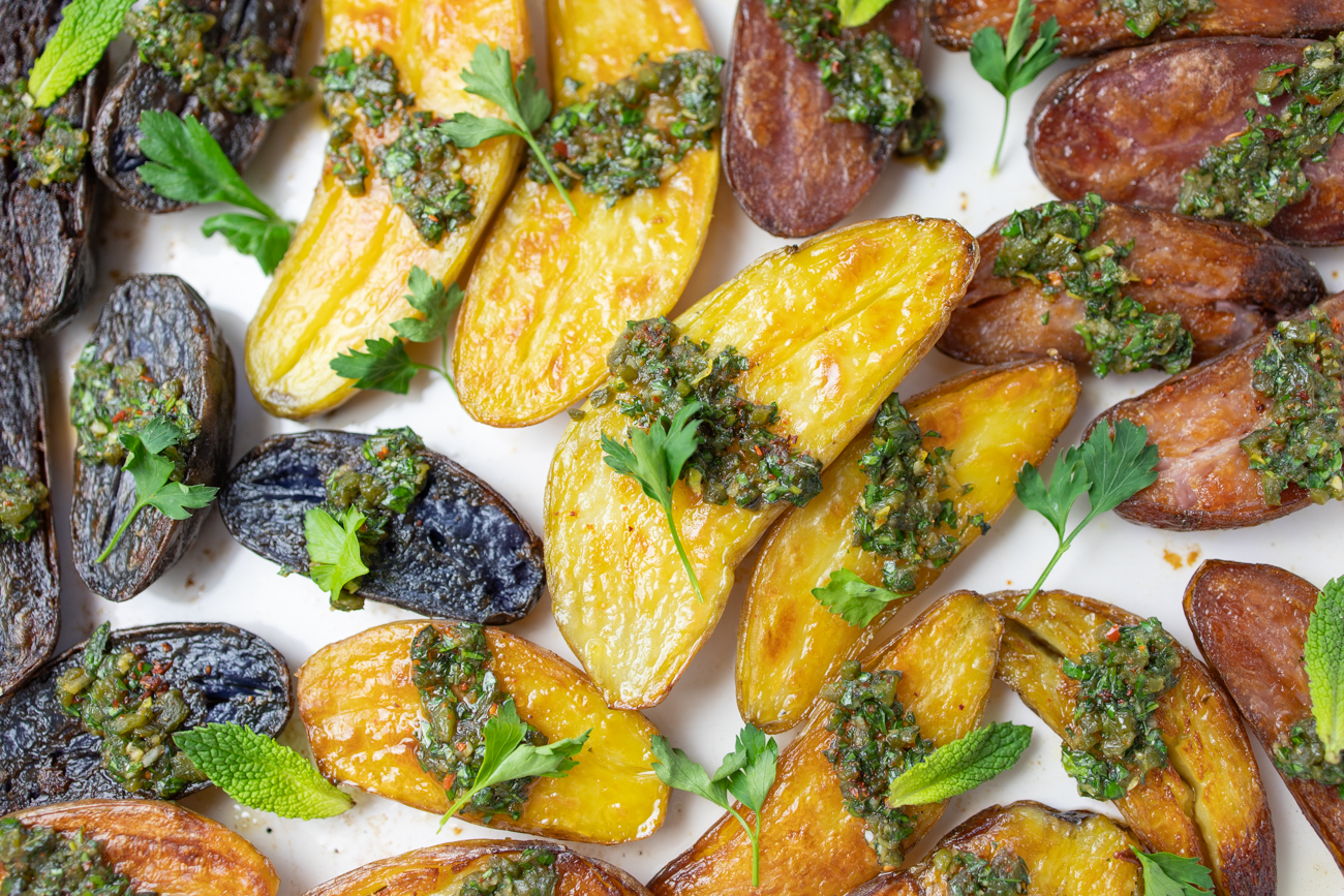 Perfectly Crispy Fingerling Potatoes with Roasted Poblano Chimichurri - A Zest for Life