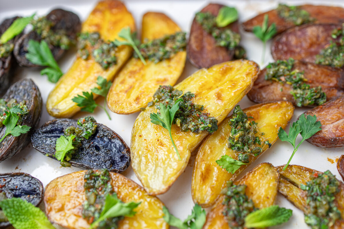Perfectly Crispy Fingerling Potatoes with Roasted Poblano Chimichurri