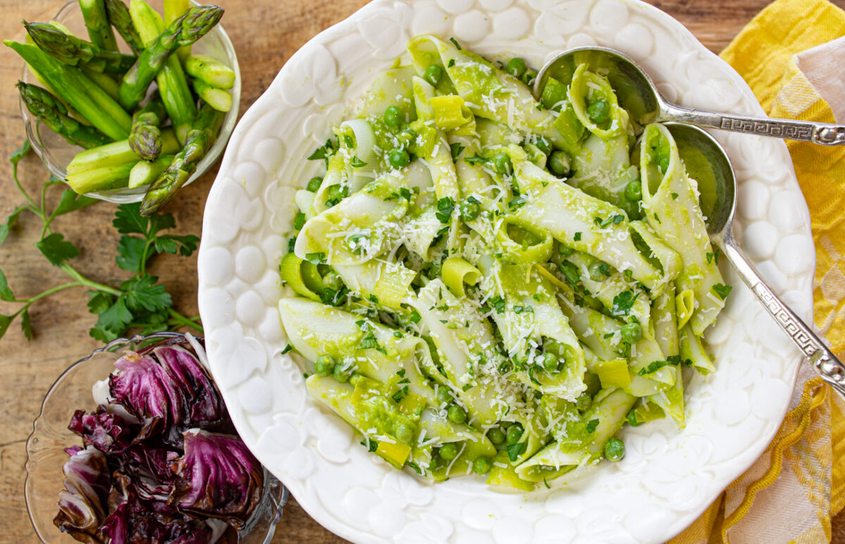 Spring Pasta with Leek & Pea Sauce with Fresh Burrata