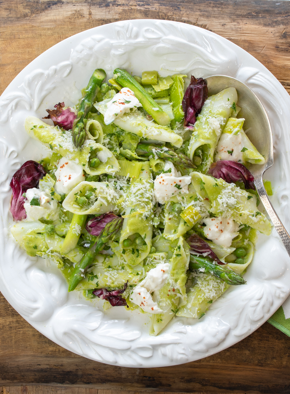 Spring Pasta with Leek & Pea Sauce with Fresh Burrata