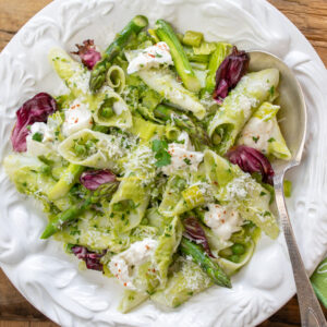 Spring Pasta with Leek & Pea Sauce with Fresh Burrata