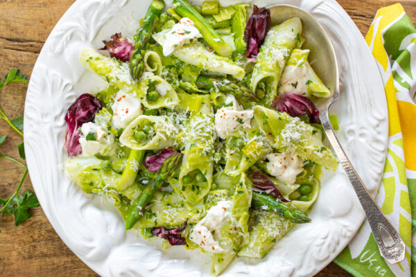Spring Pasta with Leek & Pea Sauce with Fresh Burrata
