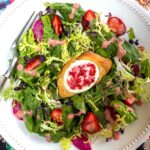 Spinach & Frisee Salad with French Baguette topped with Goat Cheese and Strawberry Swirl