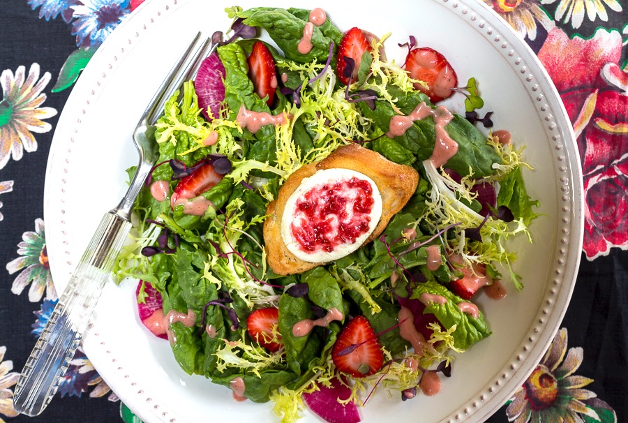 Spinach & Frisée Salad with French Baguette topped with Goat Cheese and Strawberry Swirl