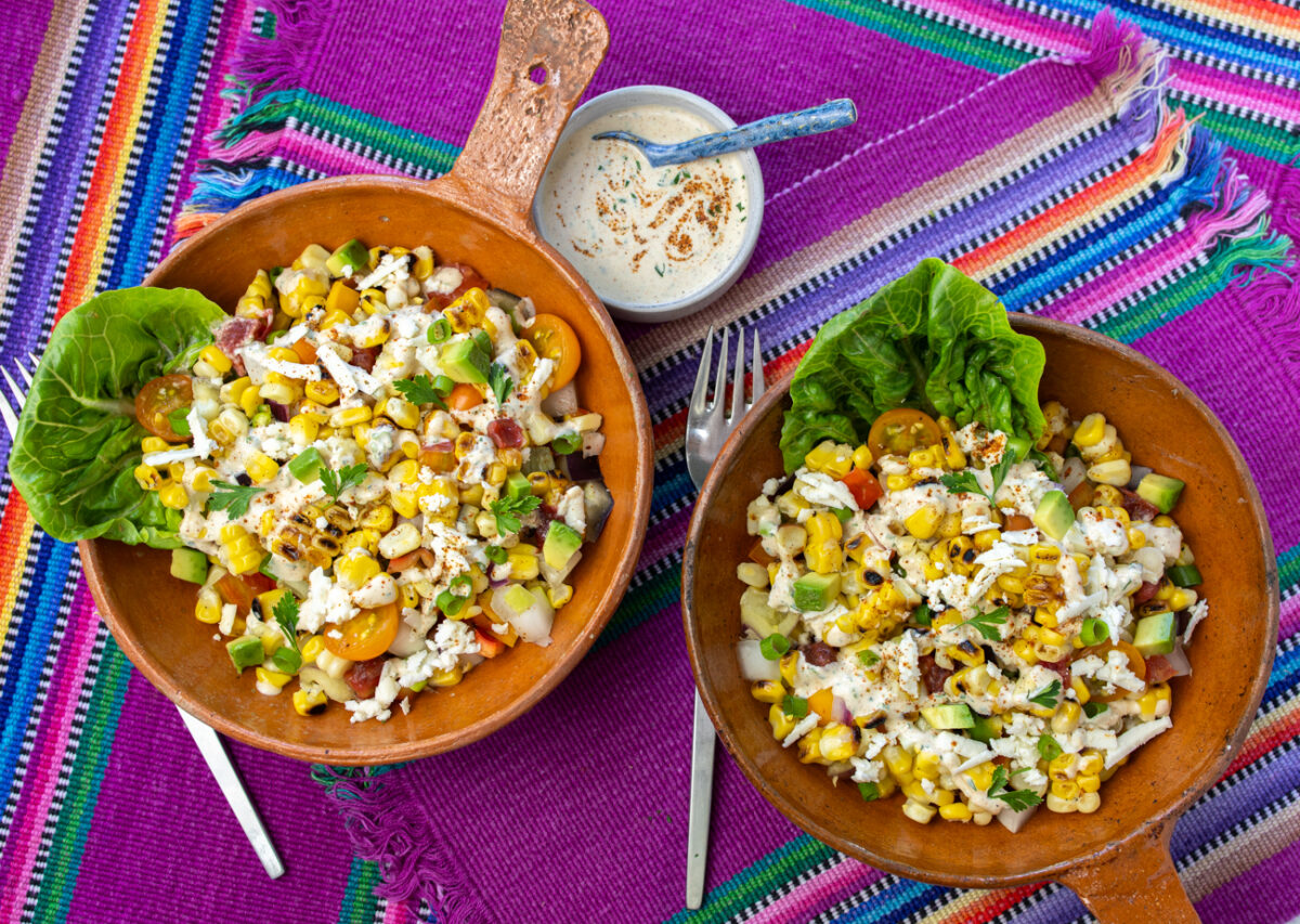 Grilled Mexican Street Corn Salad with Summer Vegetables and Spiced Crema