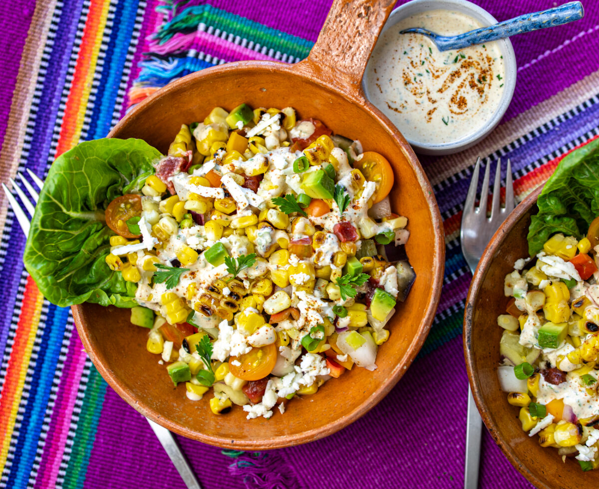 Grilled Mexican Street Corn Salad with Summer Vegetables and Spiced Crema