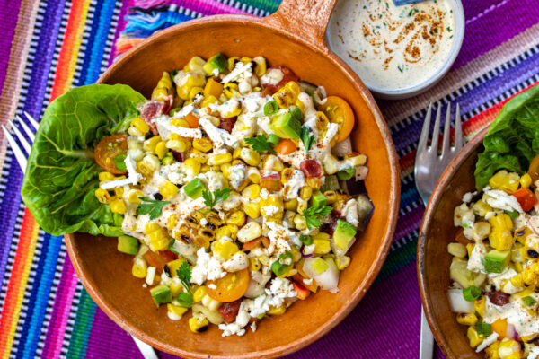 Grilled Mexican Street Corn Salad with Summer Vegetables and Spiced Crema
