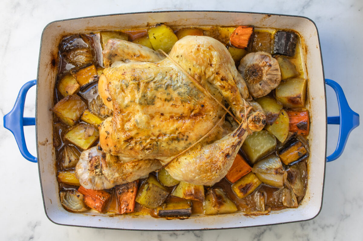 Perfect Roast Chicken with Vegetables and Two Heads Of Garlic