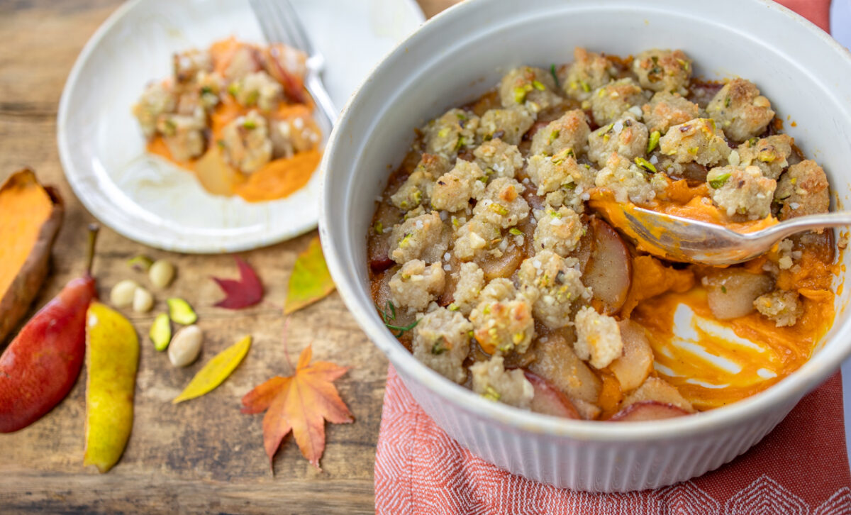 Holiday Sweet Potato Casserole with Saut&eacute;ed Pears and Coconut Crumble 