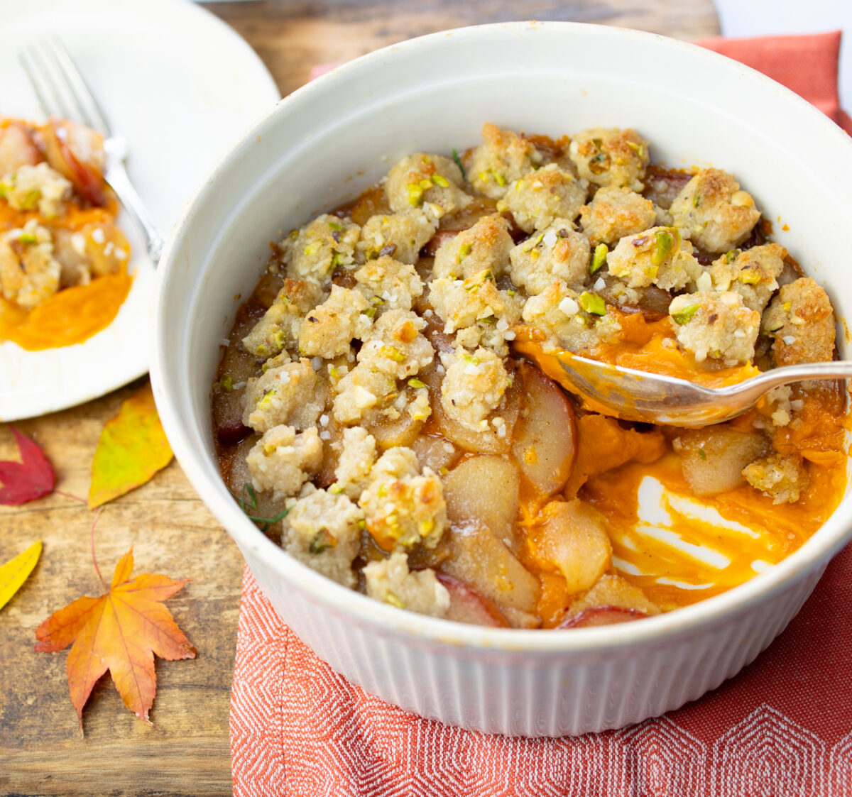 Holiday Sweet Potato Casserole with Sautéed Pears and Coconut Crumble