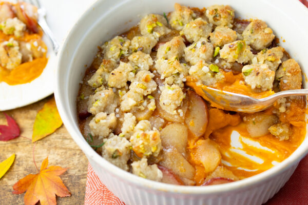 Holiday Sweet Potato Casserole with Sautéed Pears and Coconut Crumble