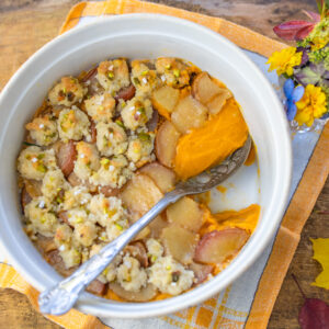 Holiday Sweet Potato Casserole with Sautéed Pears and Coconut Crumble