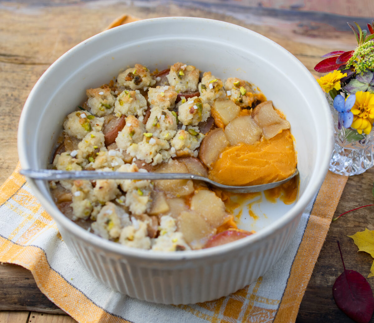 Holiday Sweet Potato Casserole with Sautéed Pears and Coconut Crumble