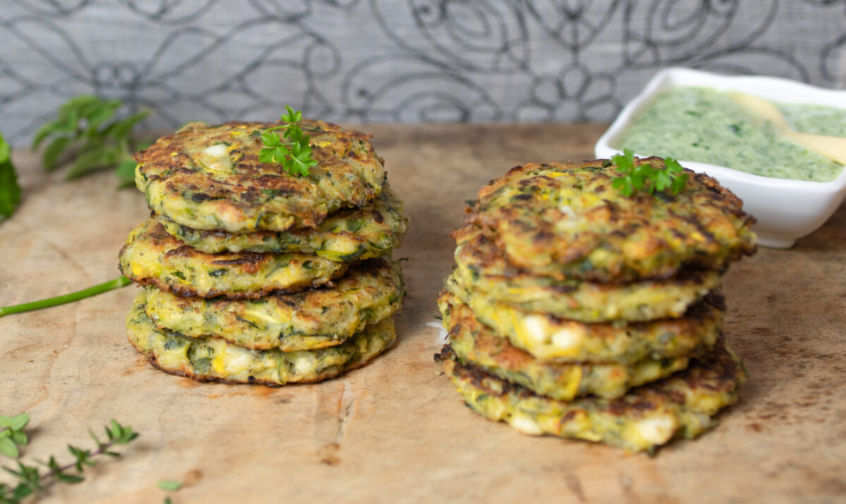 Karen's Green Spinach Tzatziki Sauce and Dip with 5 Herb Greek Zucchini Fritters