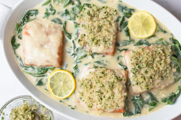Weeknight Salmon Au Gratin with Lightened-Up White Wine Sauce and Spinach