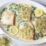 Weeknight Salmon Au Gratin with Lightened-Up White Wine Sauce and Spinach