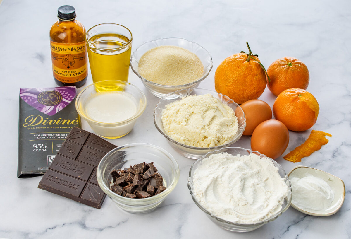 Ingredients for: Individual Orange-Olive Oil Chocolate Chunk Cakes-Gluten Free