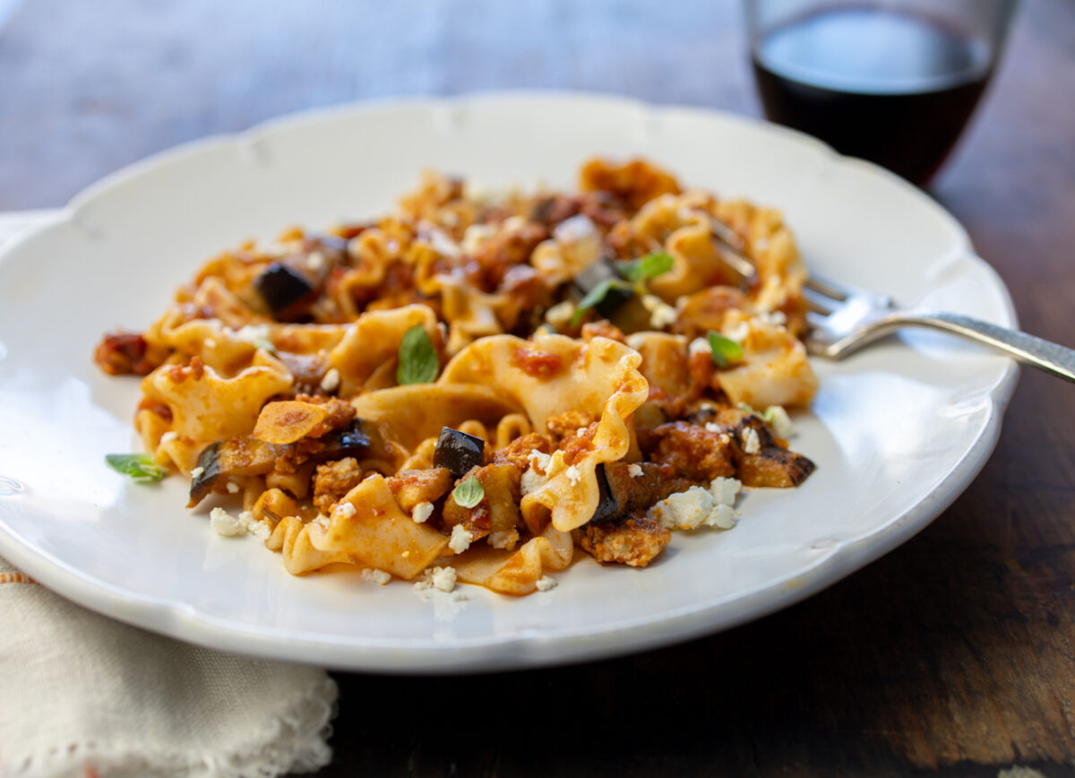 Deconstructed Moussaka Pasta with Eggplant, Tomatoes and Homemade Chicken "Sausage"