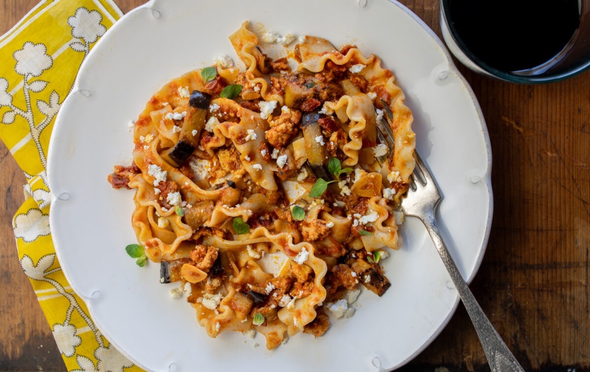 Deconstructed Moussaka Pasta with Eggplant, Tomatoes and Homemade Chicken "Sausage"
