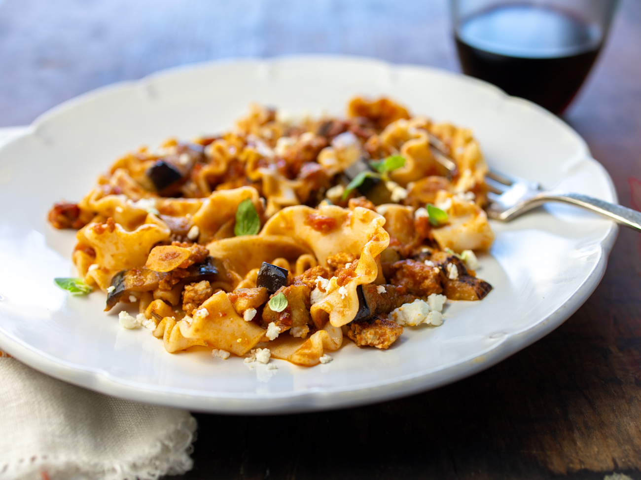 Deconstructed Moussaka Pasta with Eggplant, Tomatoes and Homemade