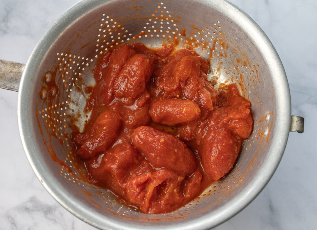 San Marzano tomatoes draining