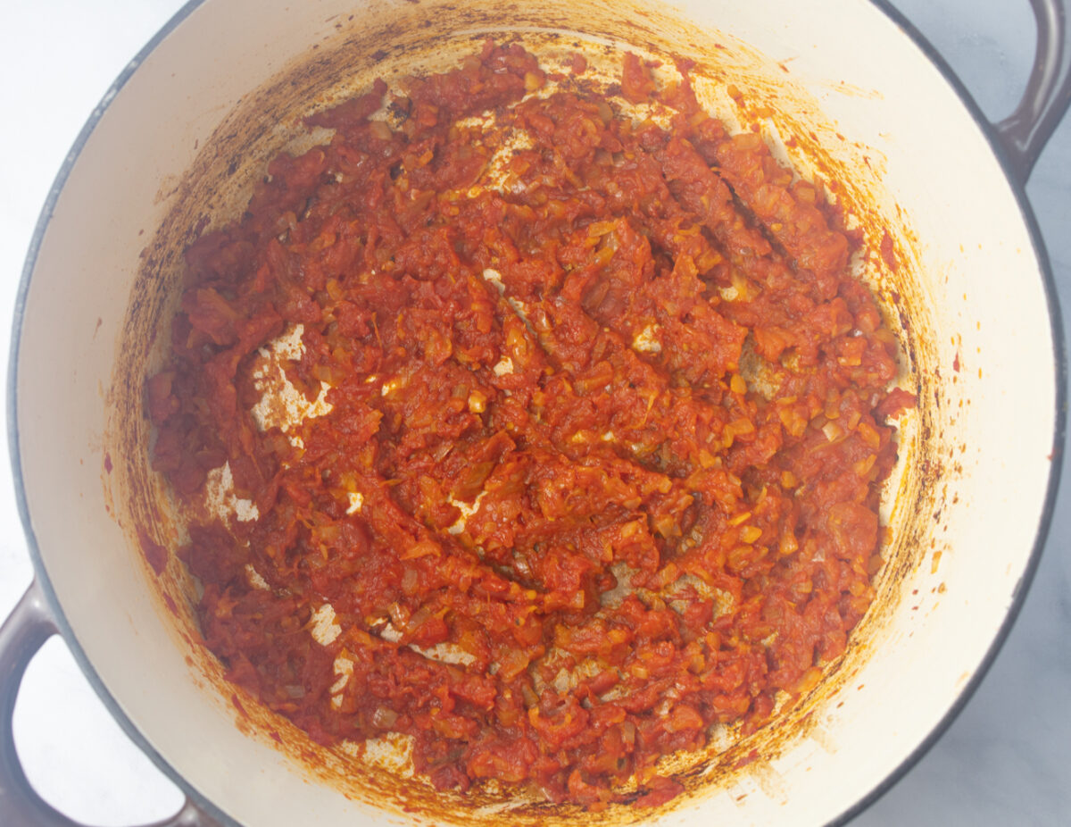 The KEY to the recipe: The plum tomatoes are cooked until somewhat dry and roasted.