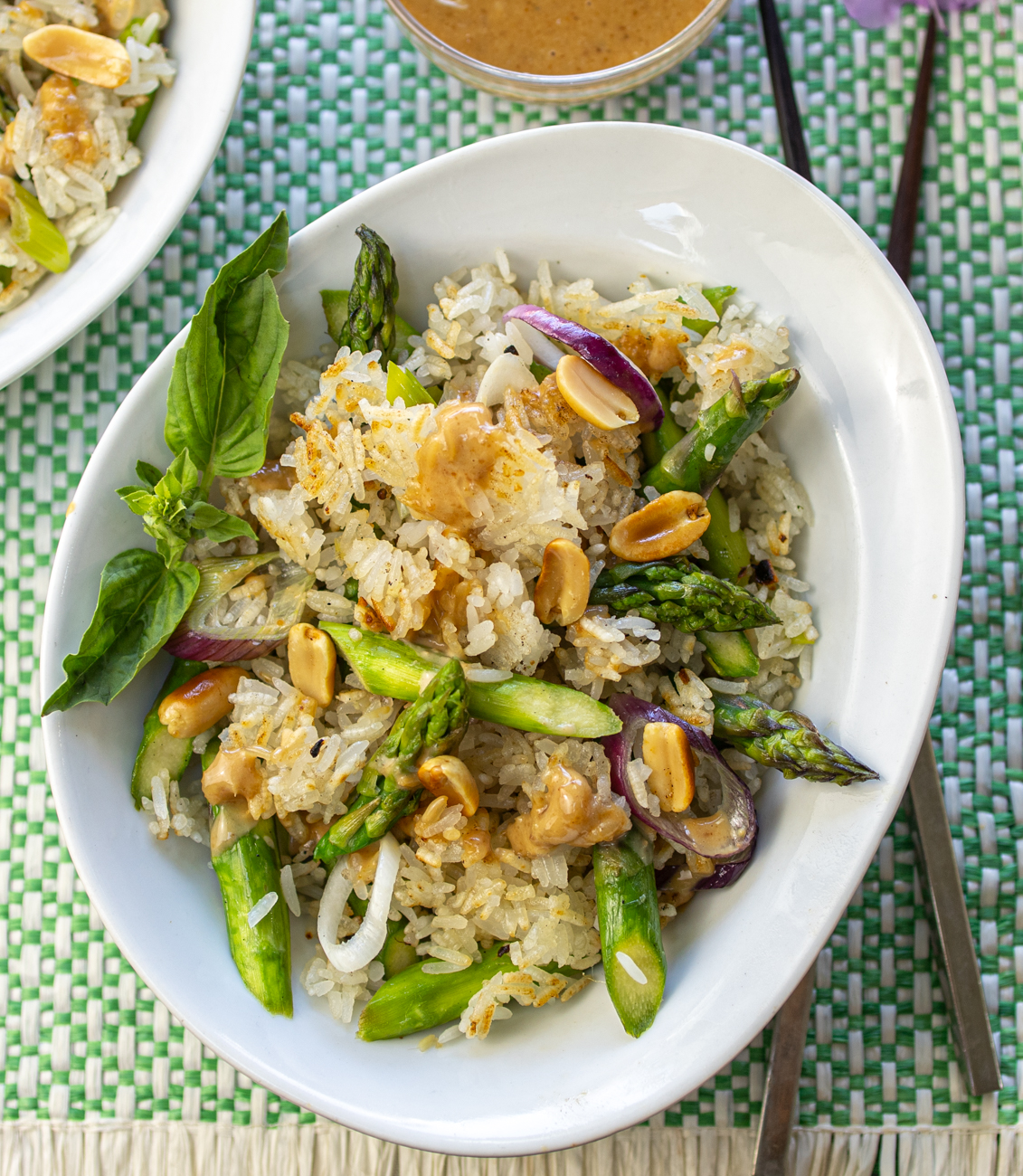 Asparagus with Crispy Rice and Peanut Sauce Drizzle- the ultimate side dish