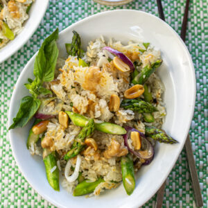 Asparagus with Crispy Rice and Peanut Sauce Drizzle- the ultimate side dish