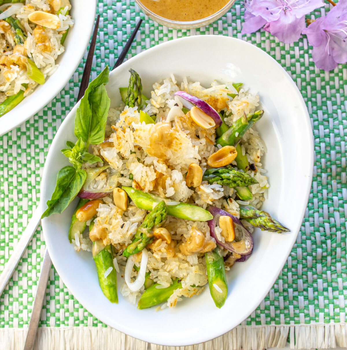 Asparagus with Crispy Rice and Peanut Sauce Drizzle