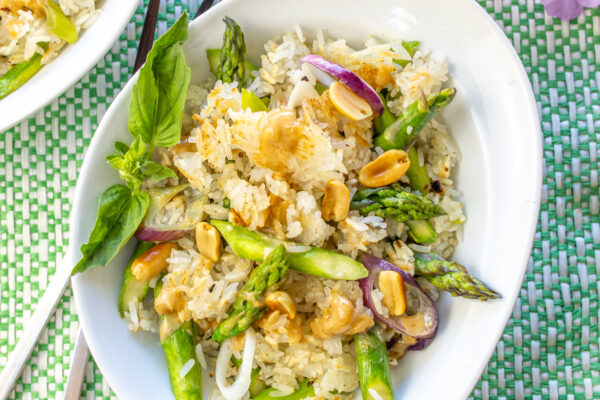 Asparagus with Crispy Rice and Peanut Sauce Drizzle - the ultimate side dish