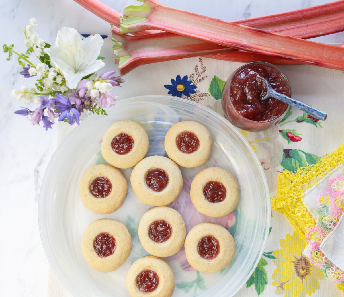 Buttery Almond Thumbprint Cookies with Rhubarb Jam