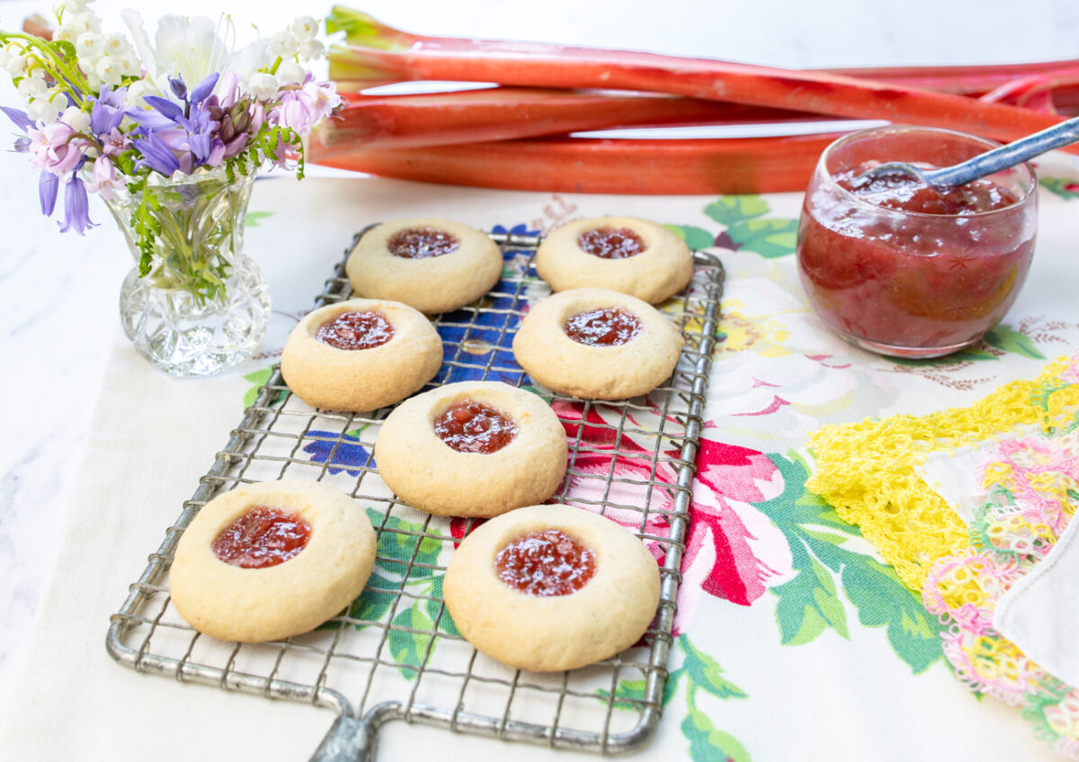 Buttery Almond Thumbprint Cookies with Rhubarb Jam