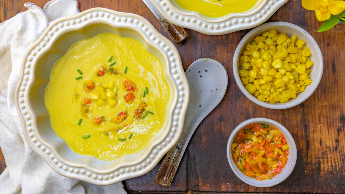 Velvety Cool Corn Soup with a Roasted Peppers & Jalapeño Garnish
