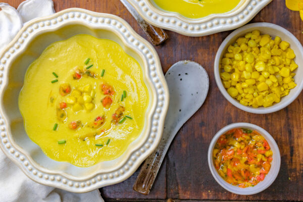 Velvety Cool Corn Soup with a Roasted Peppers & Jalapeño Garnish