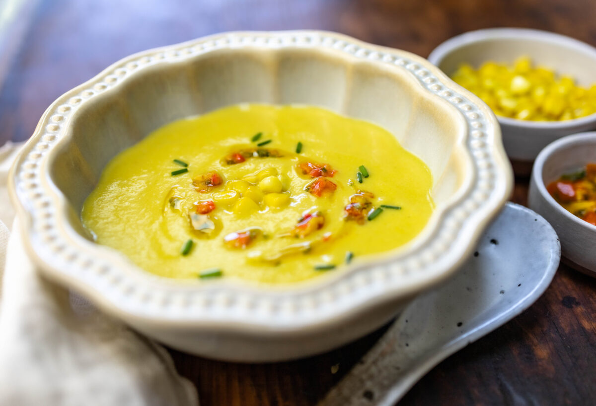Velvety Cool Corn Soup with a Roasted Peppers & Jalapeño Garnish