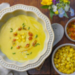 Velvety Cool Corn Soup with a Roasted Peppers & Jalapeño Garnish