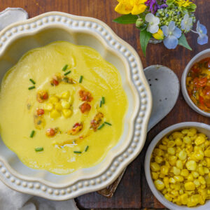 Velvety Cool Corn Soup with a Roasted Peppers & Jalapeño Garnish