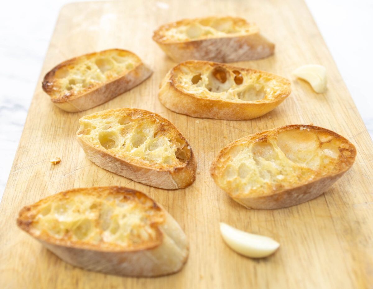 Toasted, sliced Ciabatta Baguette used for this Beet and Feta Bruschetta