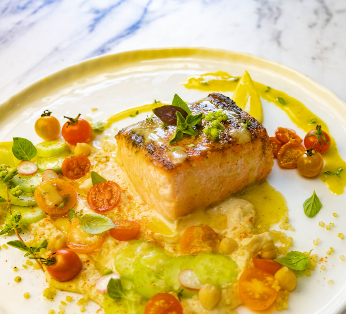 Weeknight Summer Salmon with Local Veggies, Hummus and Quinoa
