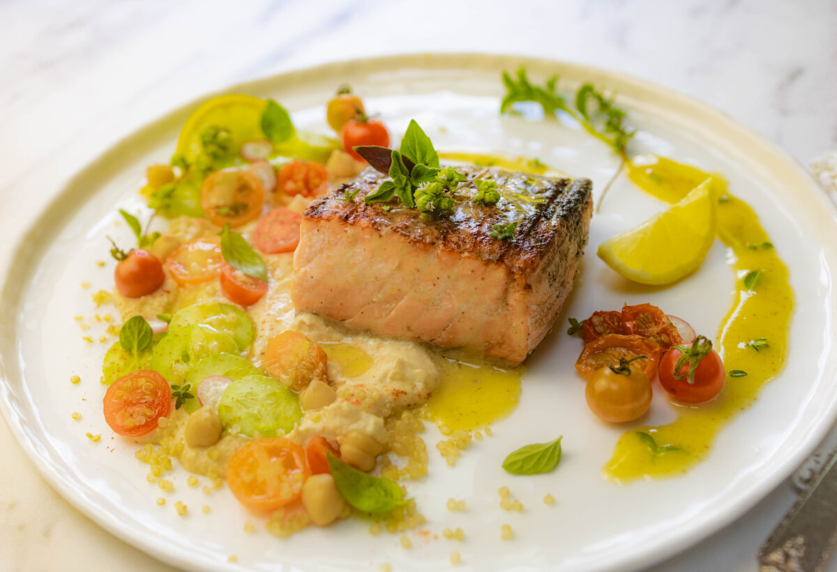 Weeknight Summer Salmon with Local Veggies, Hummus and Quinoa