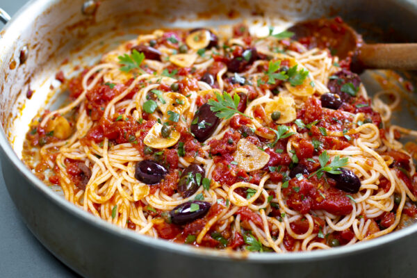 Karen’s Pasta Puttanesca with Fresh Tomatoes